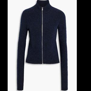GANNI Navy Blue Ribbed Zip Up Sweater Cardigan